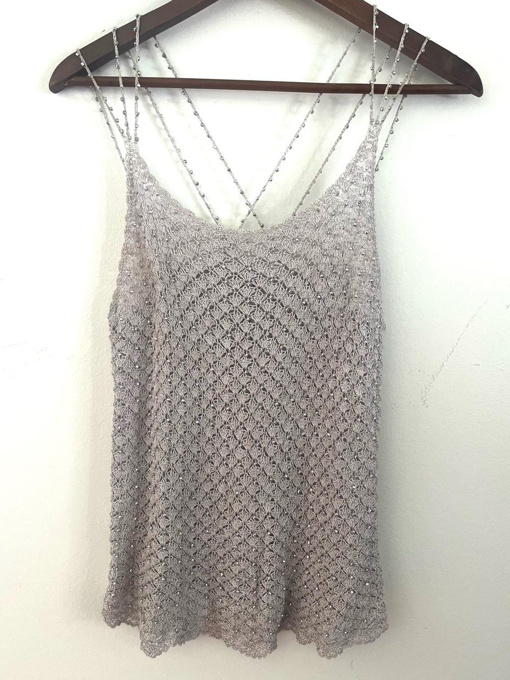 Vintage Tank Top Crochet Beaded Silver Top w/ Silver Bead Cami Spaghetti Strap S